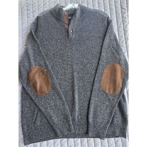 894 Chaps Mens XL Gray Marl Cotton Button Mock Neck Sweater Elbow Patches